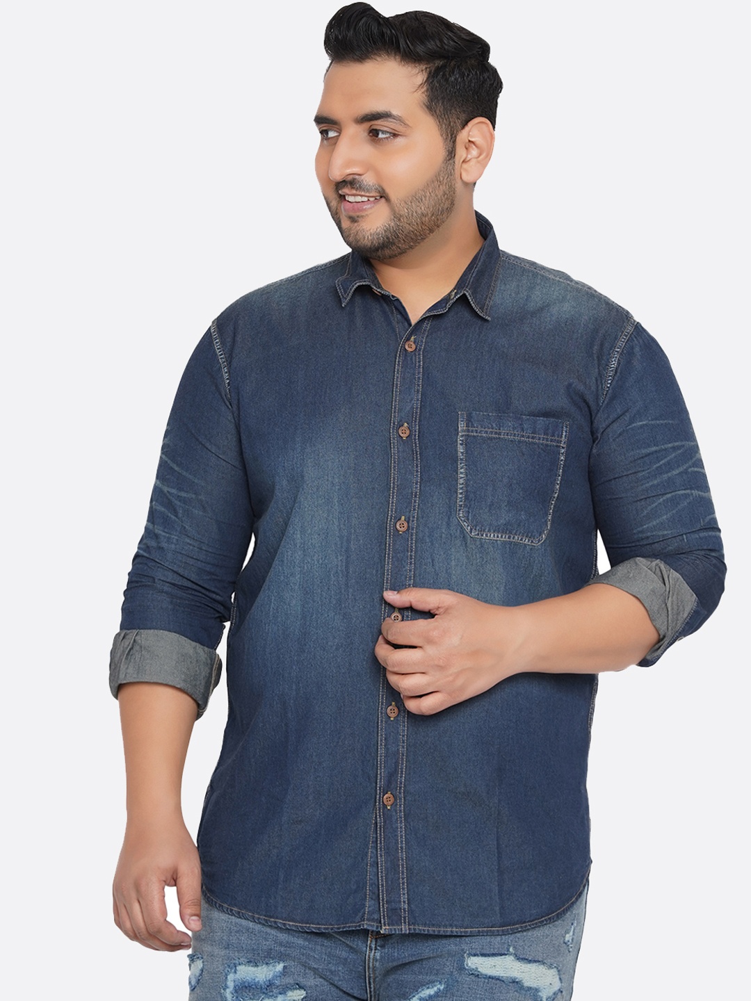 

John Pride Men Plus Size Blue Faded Cotton Denim Shirt