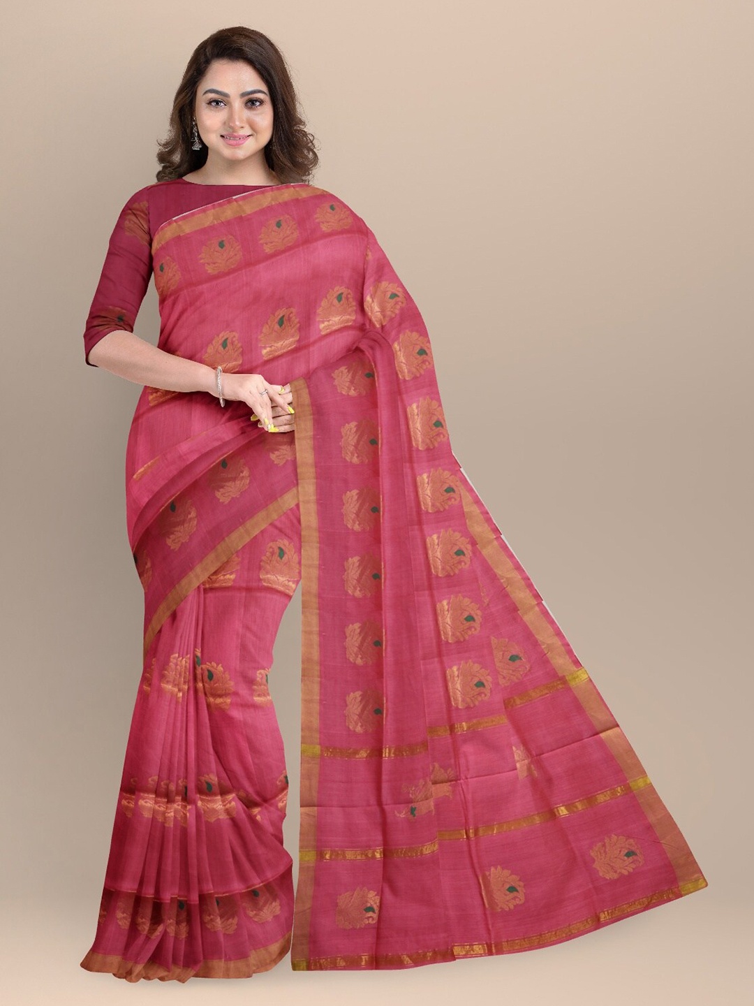 

APCO Pink & Gold-Toned Woven Design Pure Cotton Saree
