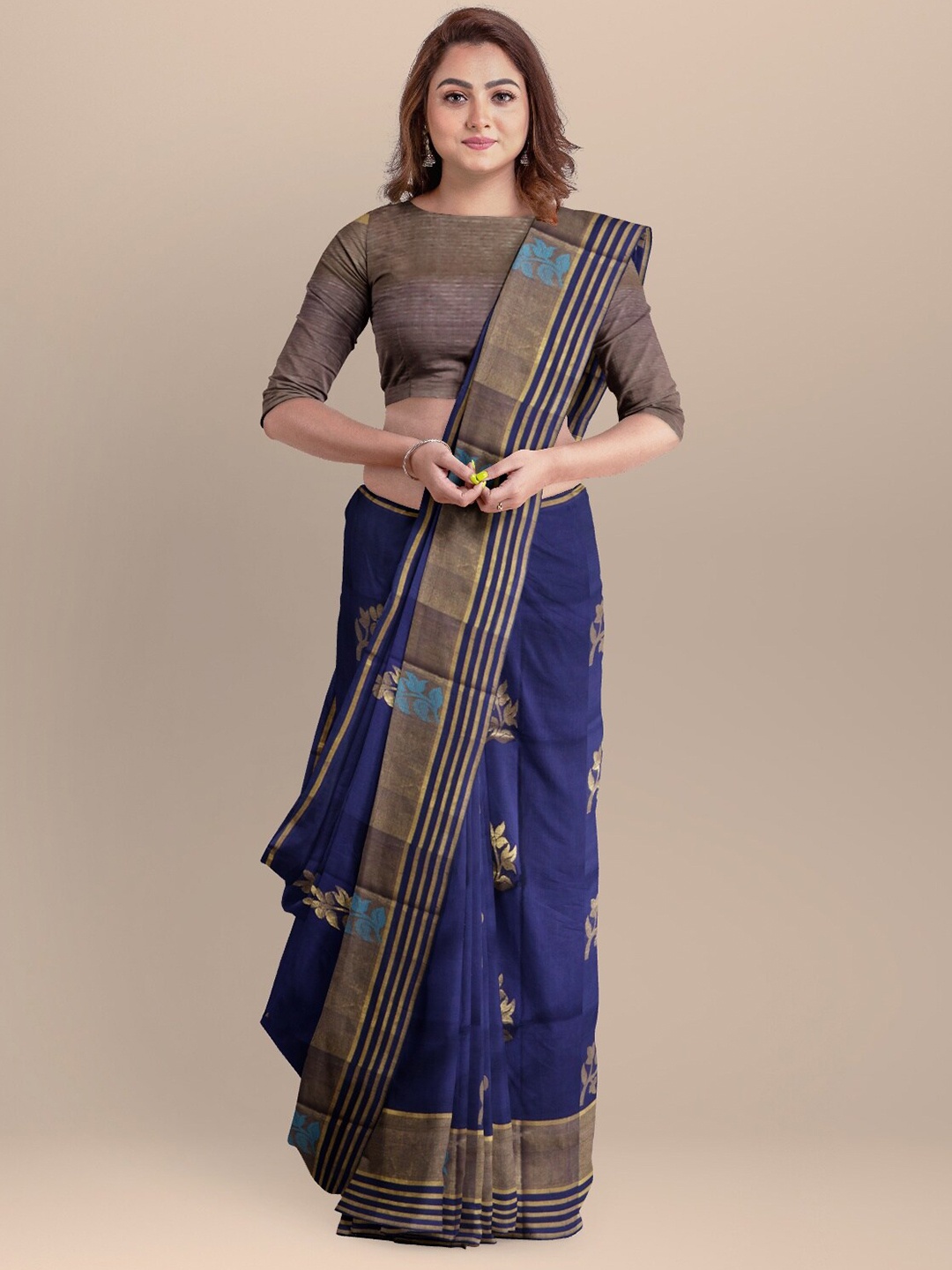 

APCO Navy Blue & Gold-Toned Woven Design Zari Pure Cotton Saree