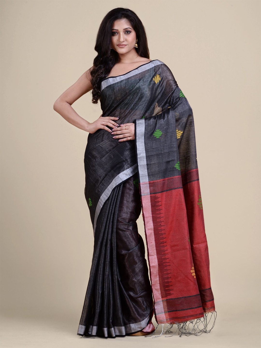 

Charukriti Charcoal & Brown Ethnic Motifs Zari Tissue Saree