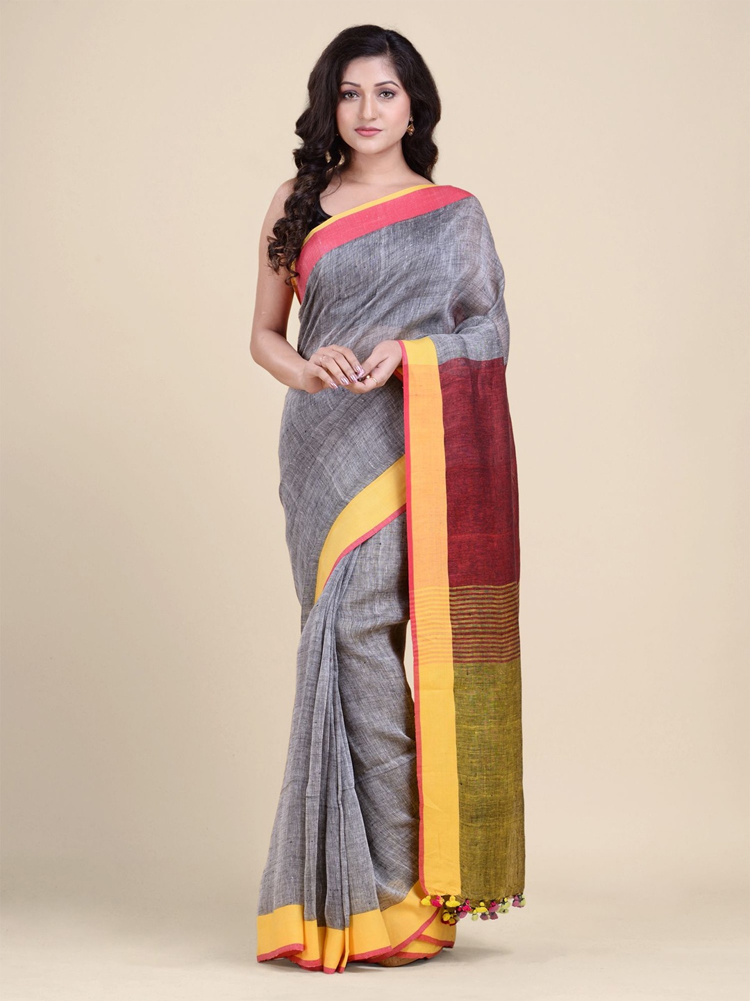

Charukriti Grey & Red Pure Linen Saree