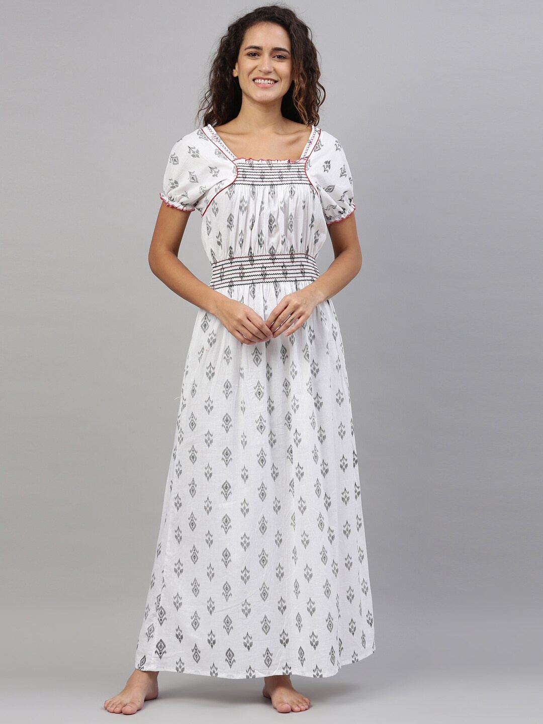 

TRUNDZ Woman White Printed Organic Cotton Maxi Nightdress