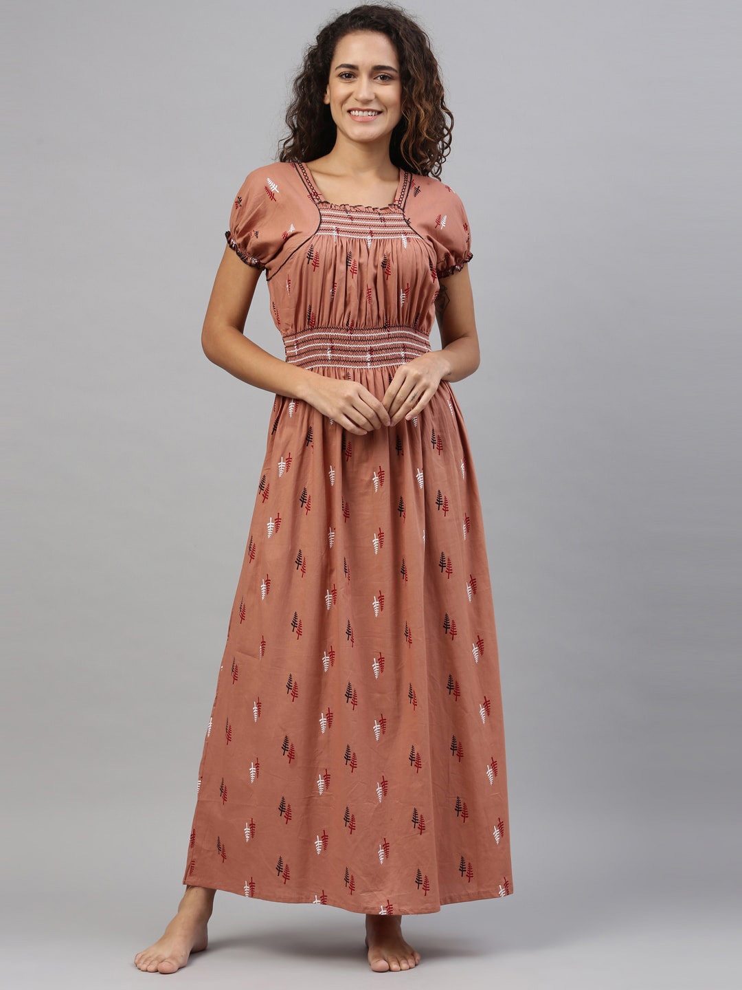 

TRUNDZ Beige Organic Cotton Printed Maxi Nightdress