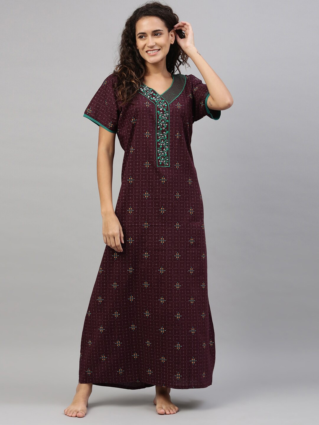 

TRUNDZ Burgundy & Sea Green Printed Organic Cotton Maxi Nightdress
