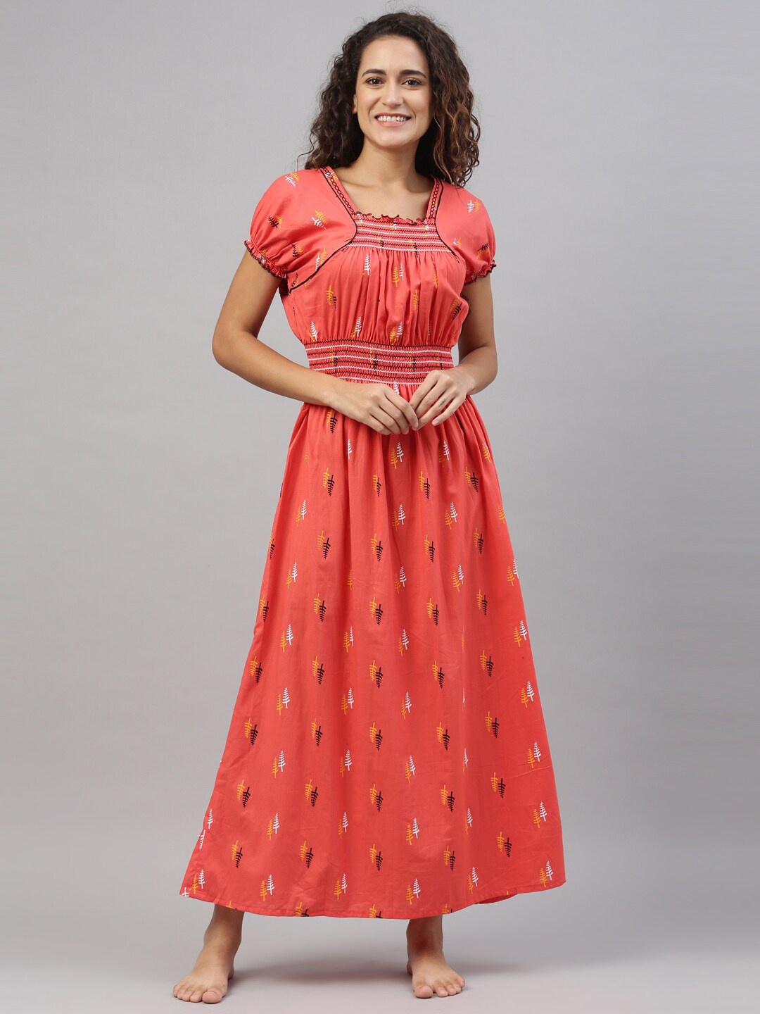 

TRUNDZ Orange Cotton Printed Maxi Nightdress