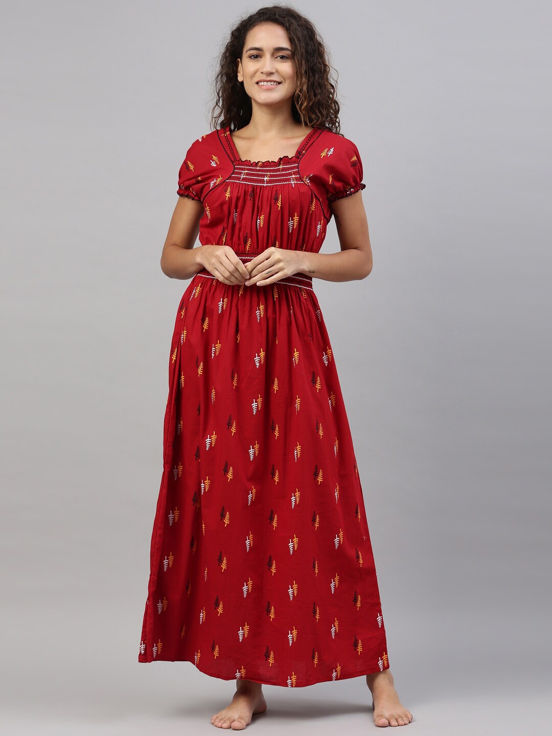 

TRUNDZ Maroon Printed Organic Cotton Maxi Nightdress
