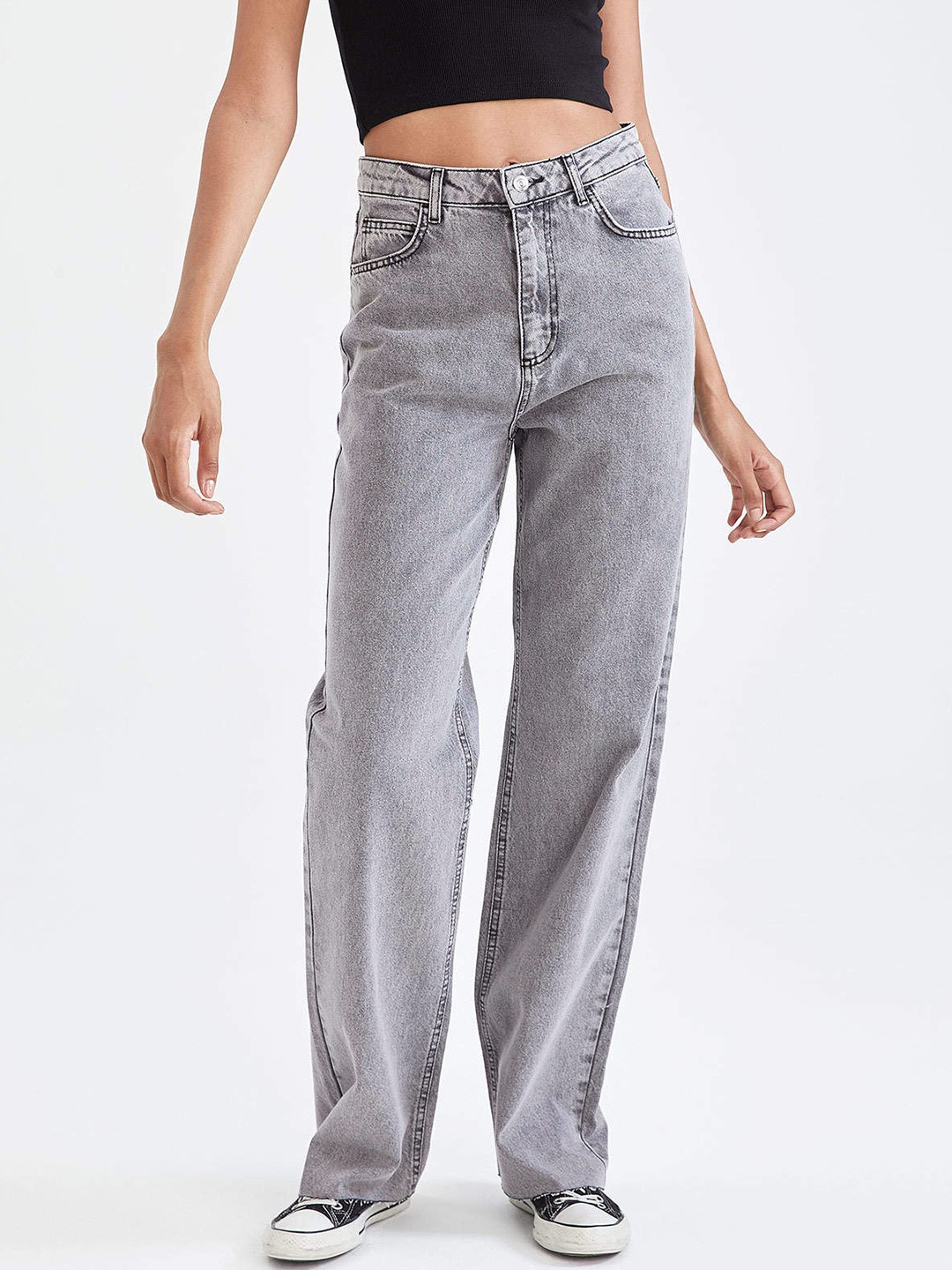 

DeFacto Women Grey Pure Cotton Wide Leg High-Rise Jeans