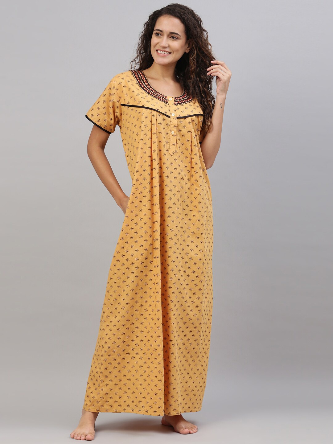 

TRUNDZ Yellow Printed Organic Cotton Maxi Nightdress