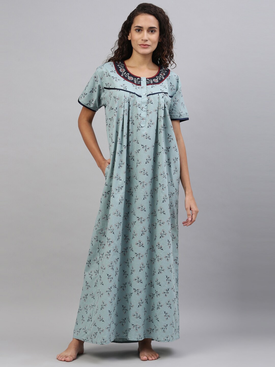 

TRUNDZ Women Blue Printed Organic Cotton Maxi Nightdress