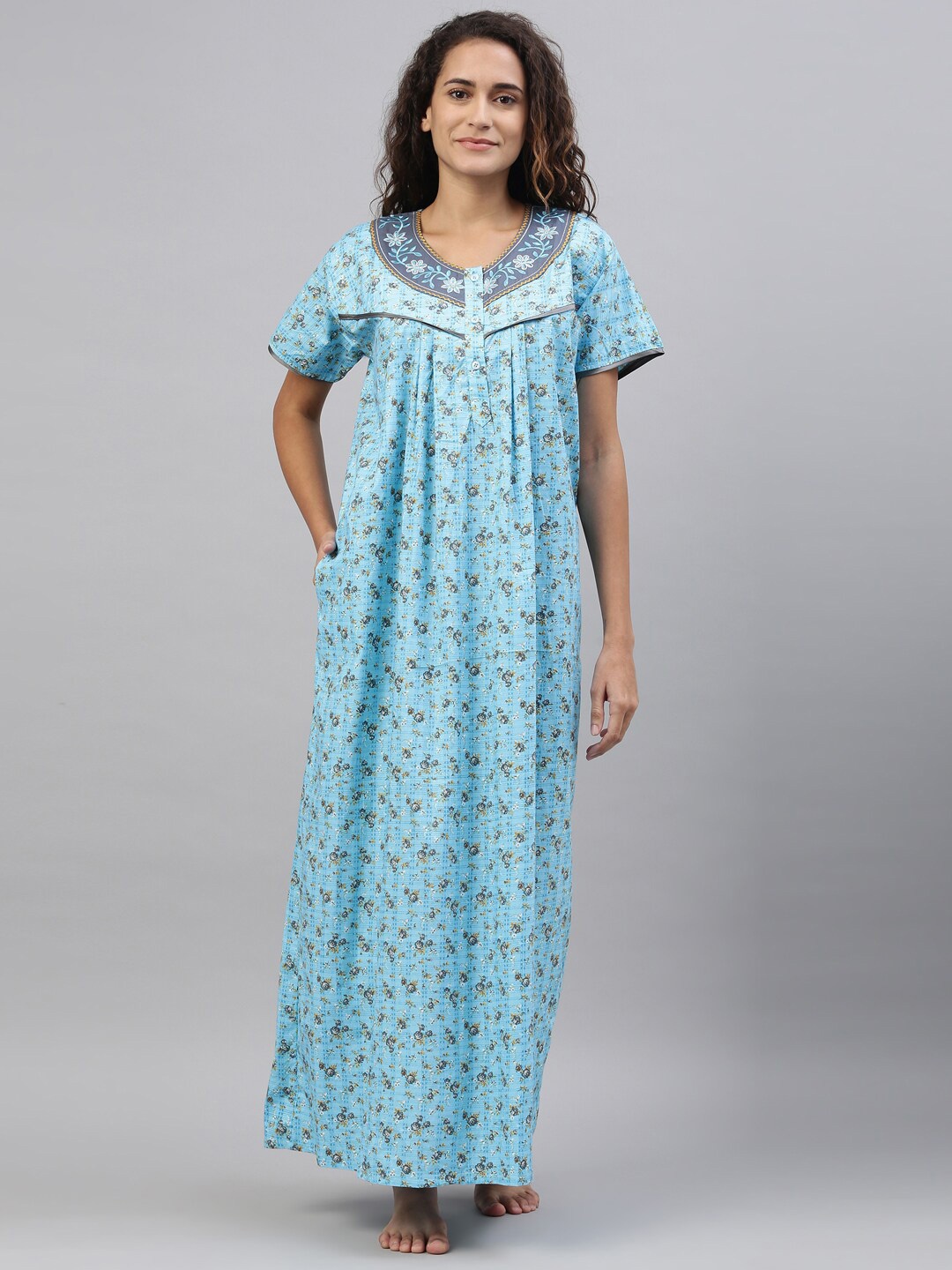 

TRUNDZ Woman Blue Printed Organic Cotton Maxi Nightdress