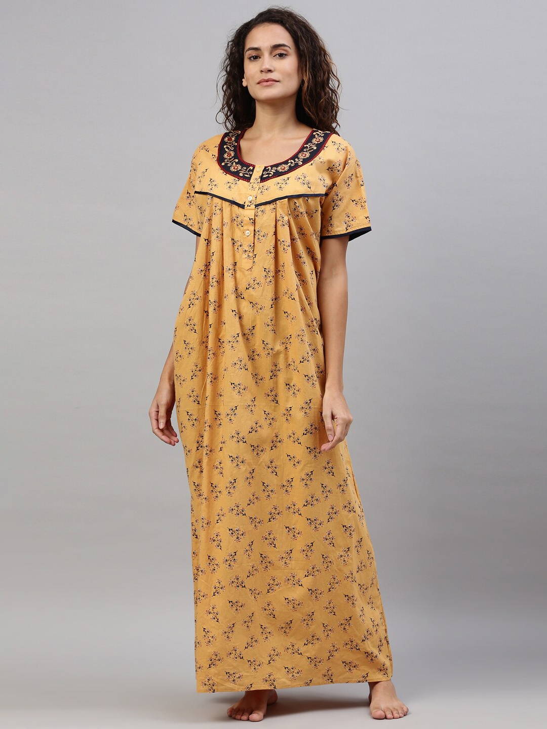 

TRUNDZ Mustard Printed Organic Cotton Maxi Nightdress