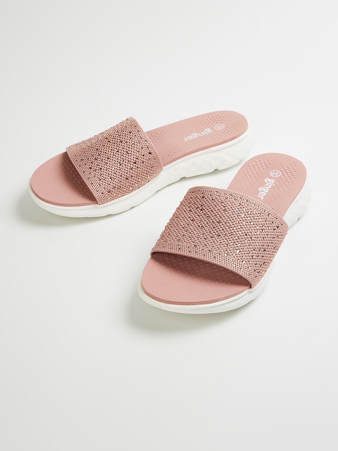 

Ginger by Lifestyle Women Pink & Gold-Toned Embellished Rubber Sliders