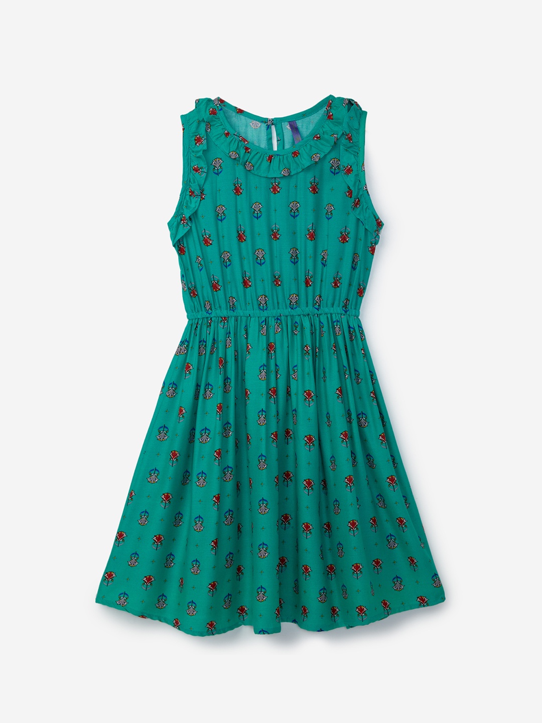 

YK Girls Green Printed Cotton Fit & Flare Dress
