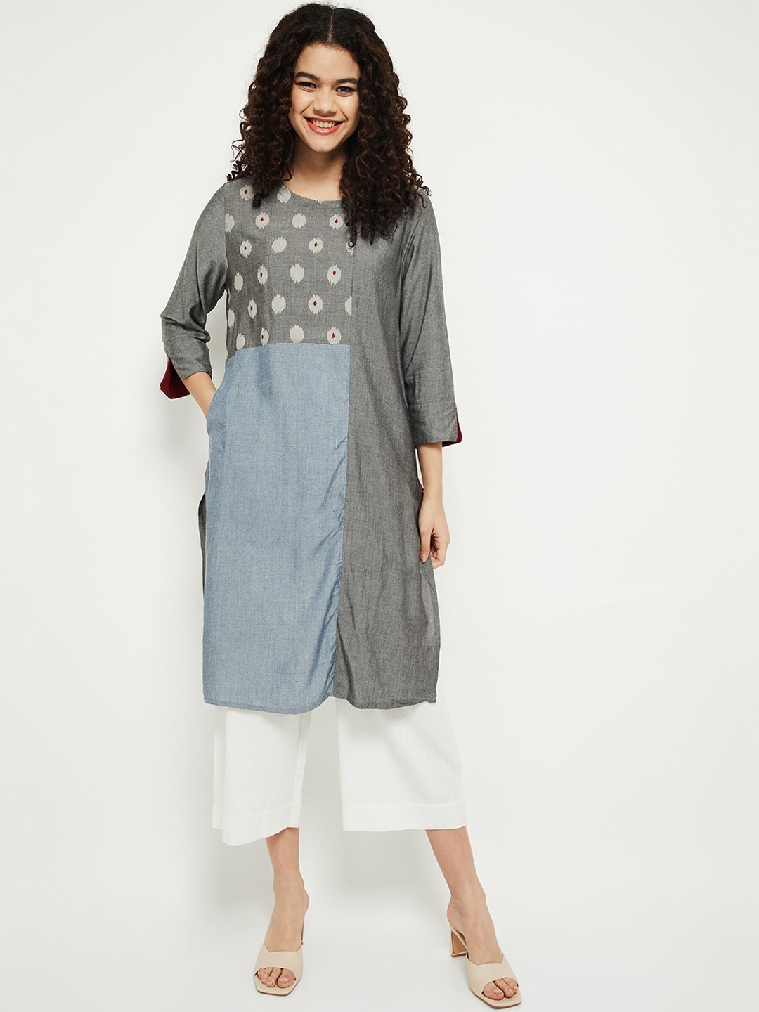 

max Women Grey Geometric Yoke Design Kurta