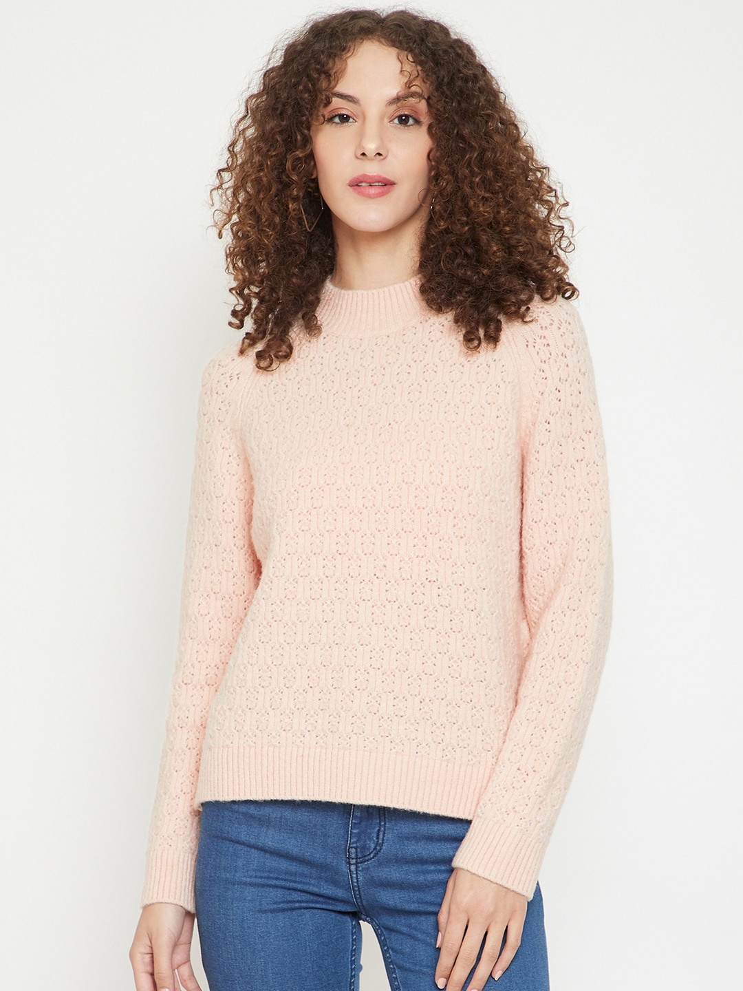 

Madame Women Peach-Coloured Self Designed Wool Pullover