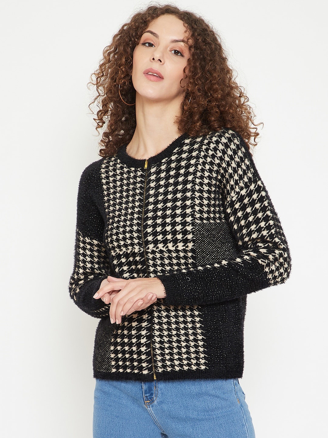 

Madame Women Black & White Ribbed Wool Cardigan