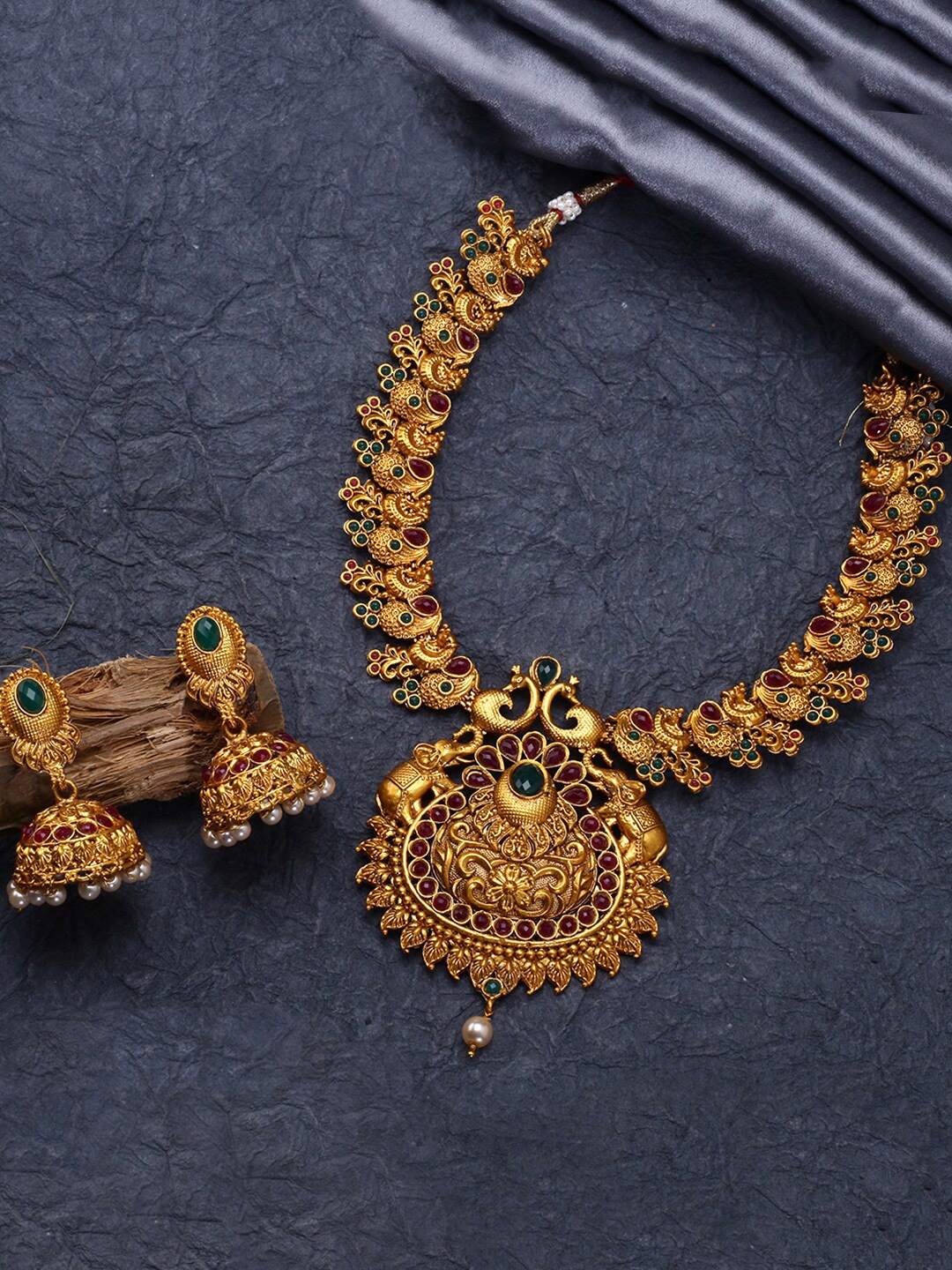 

Yellow Chimes Gold-Plated Red & Green Stone-Studded & Beaded Temple Jewellery Set