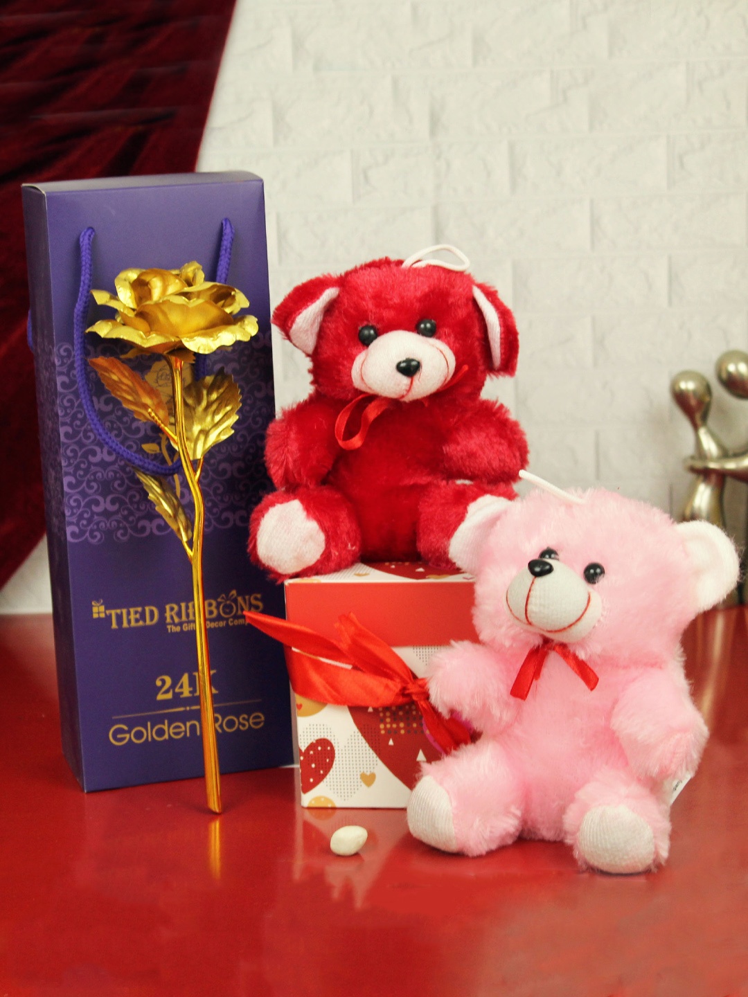 

TIED RIBBONS Red Valentine Special Golden Rose & Small Teddy with Box Combo Gift Pack