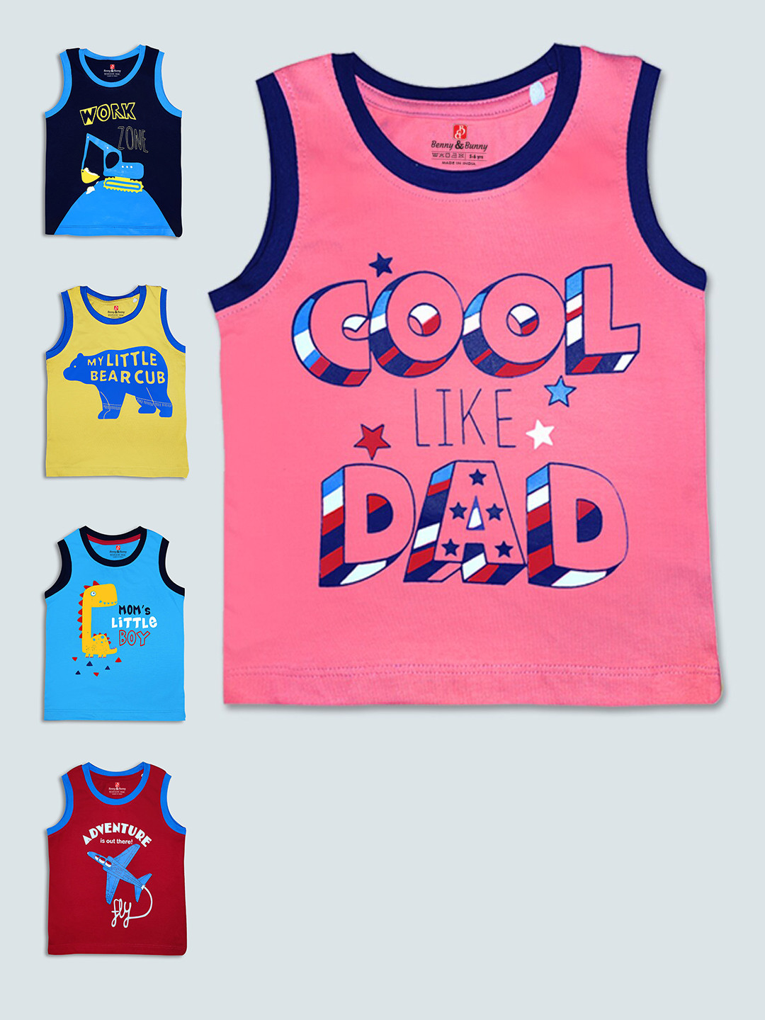

Benny n Bunny Boys Pink & Blue Typography Set Of 5 Printed Pure Cotton T-shirts