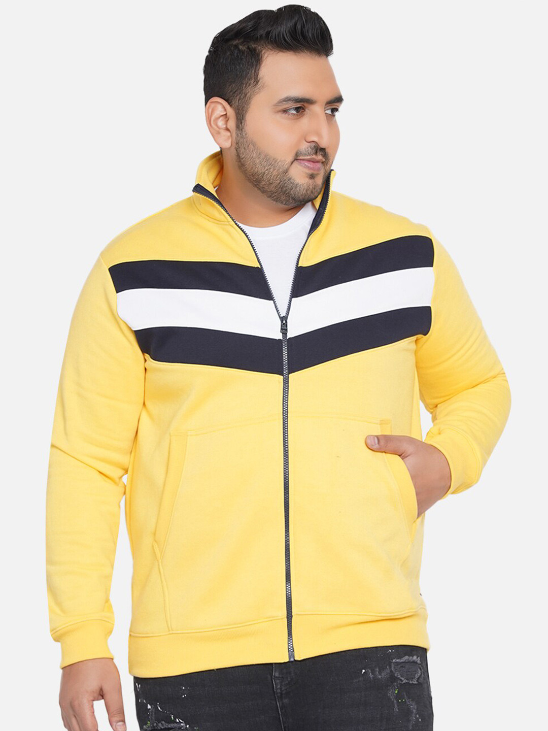 

John Pride Men Yellow Colourblocked Plus Size Sweatshirt