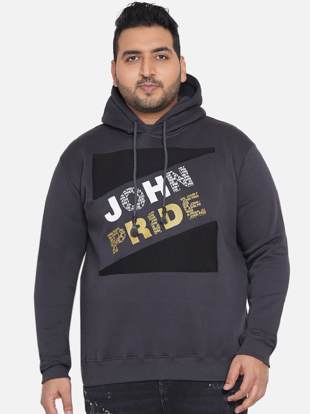 

John Pride Men Plus Size Grey Printed Hooded Sweatshirt