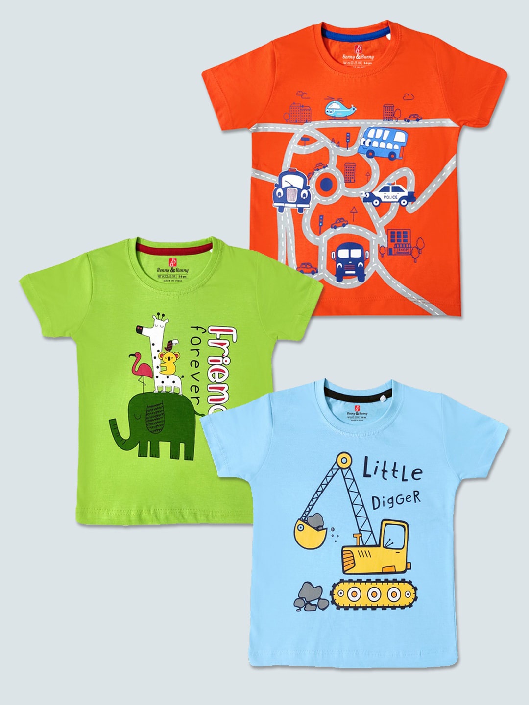 

Benny n Bunny Boys Pack of 3 Printed Pure Cotton T-shirt, Orange