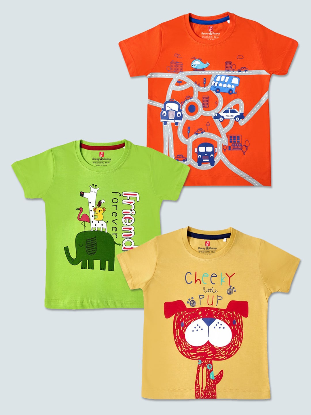 

Benny n Bunny Boys Yellow & Green Set Of 3 Printed Pure Cotton T-shirt