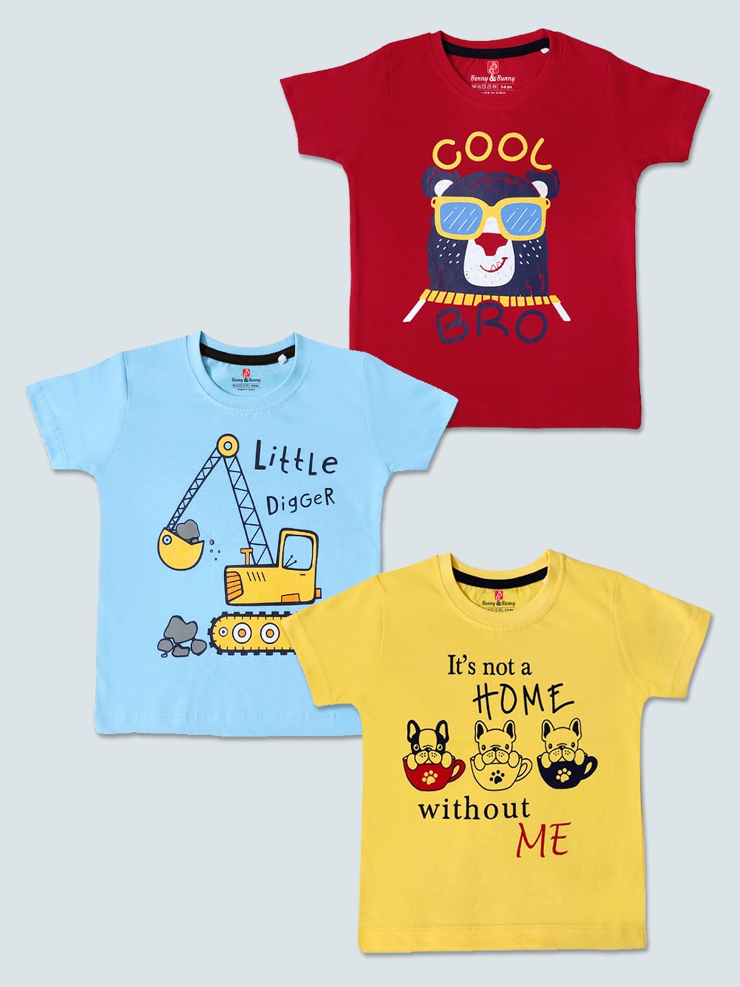 

Benny n Bunny Boys Multicoloured 3 Printed Pure Cotton Applique T-shirt, Multi