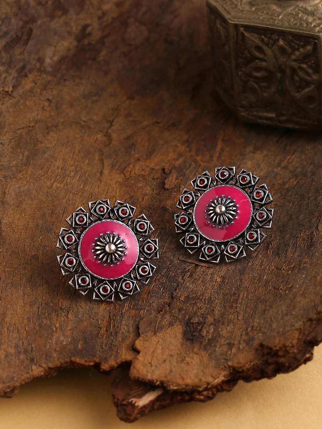 

Voylla Antique Silver-Plated Oxidized Contemporary Studs Earrings