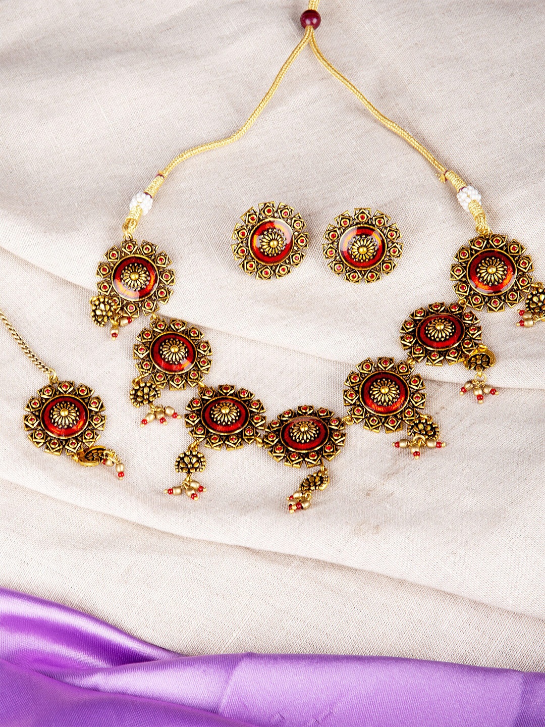 

Voylla Gold-Plated Arabian Nights Antique Enamelled Jewellery Set With Maang Tika