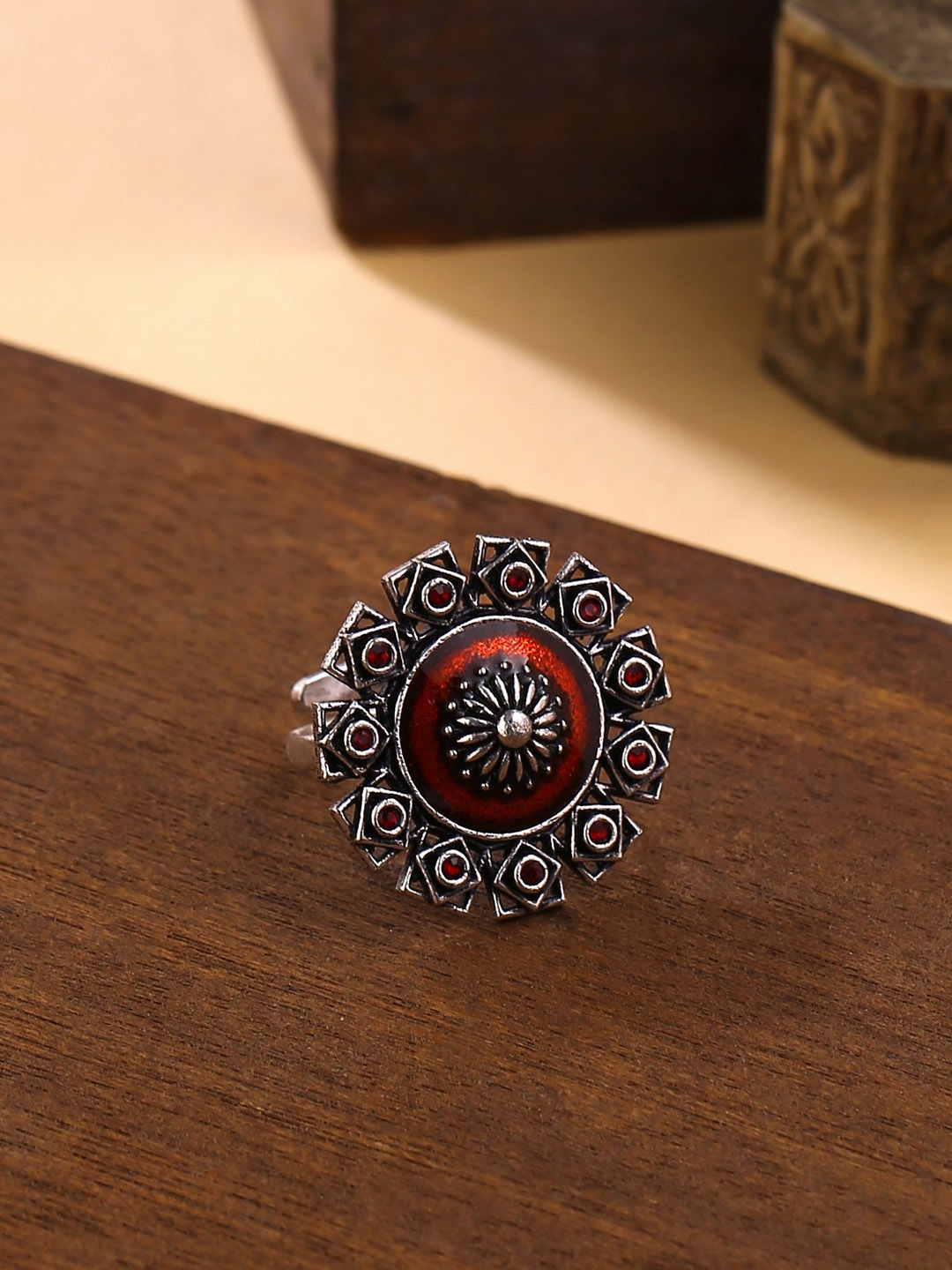 

Voylla Silver-Plated Arabian Nights Antique Oxidized Statement Round Brass Rings