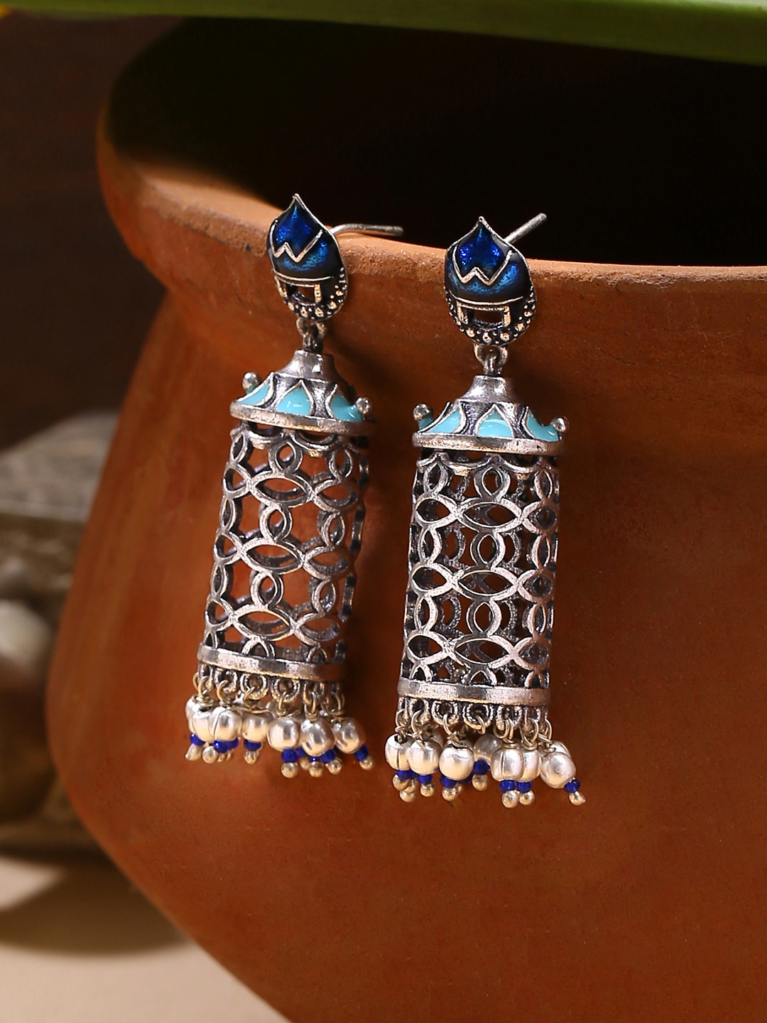 

Voylla Silver-Toned & Plated Oxidised Arabian Nights Antique Jhumka Earrings