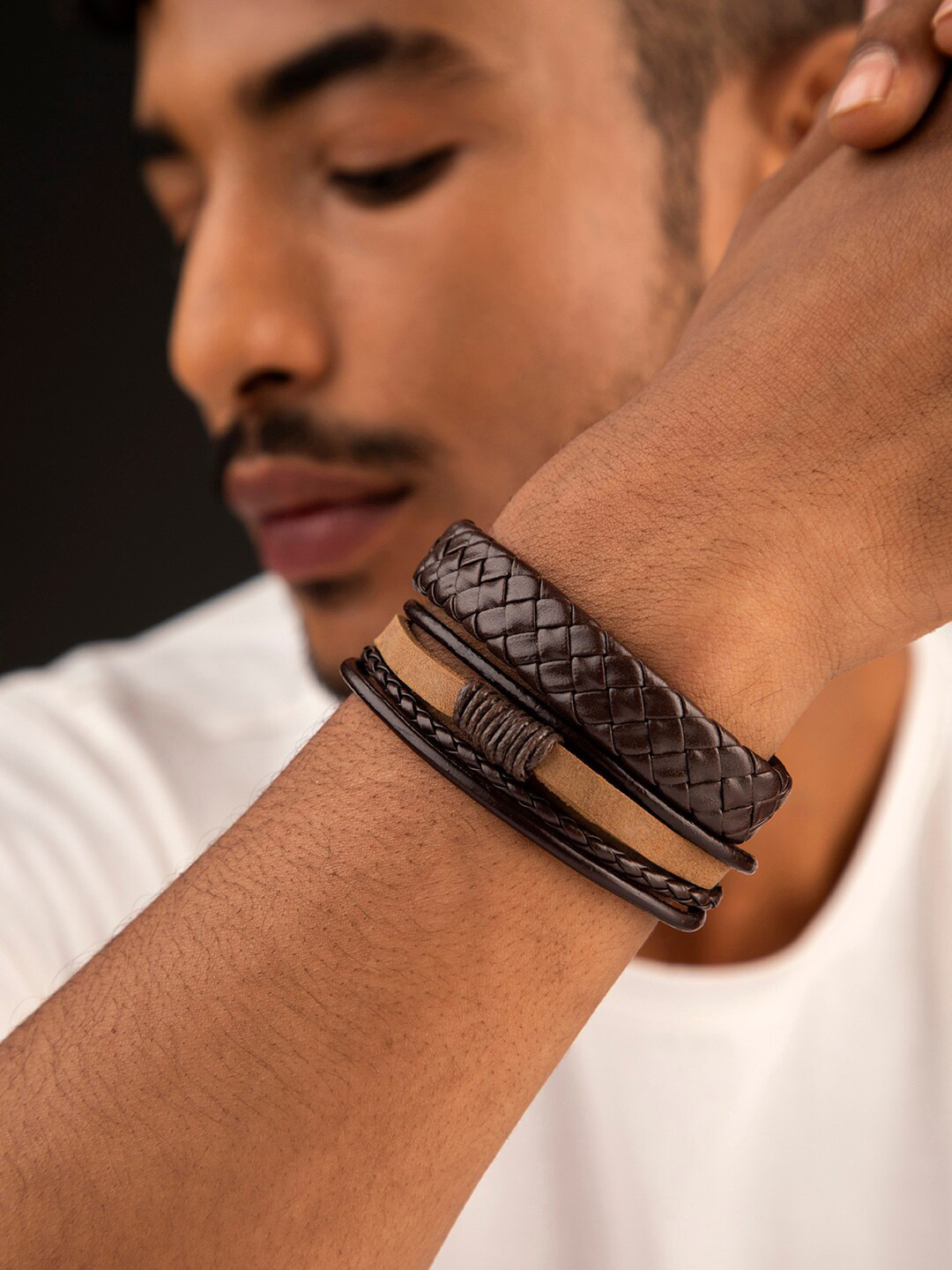 

The Roadster Lifestyle Co Men 2 Brown Leather Handcrafted Multistrand Bracelet