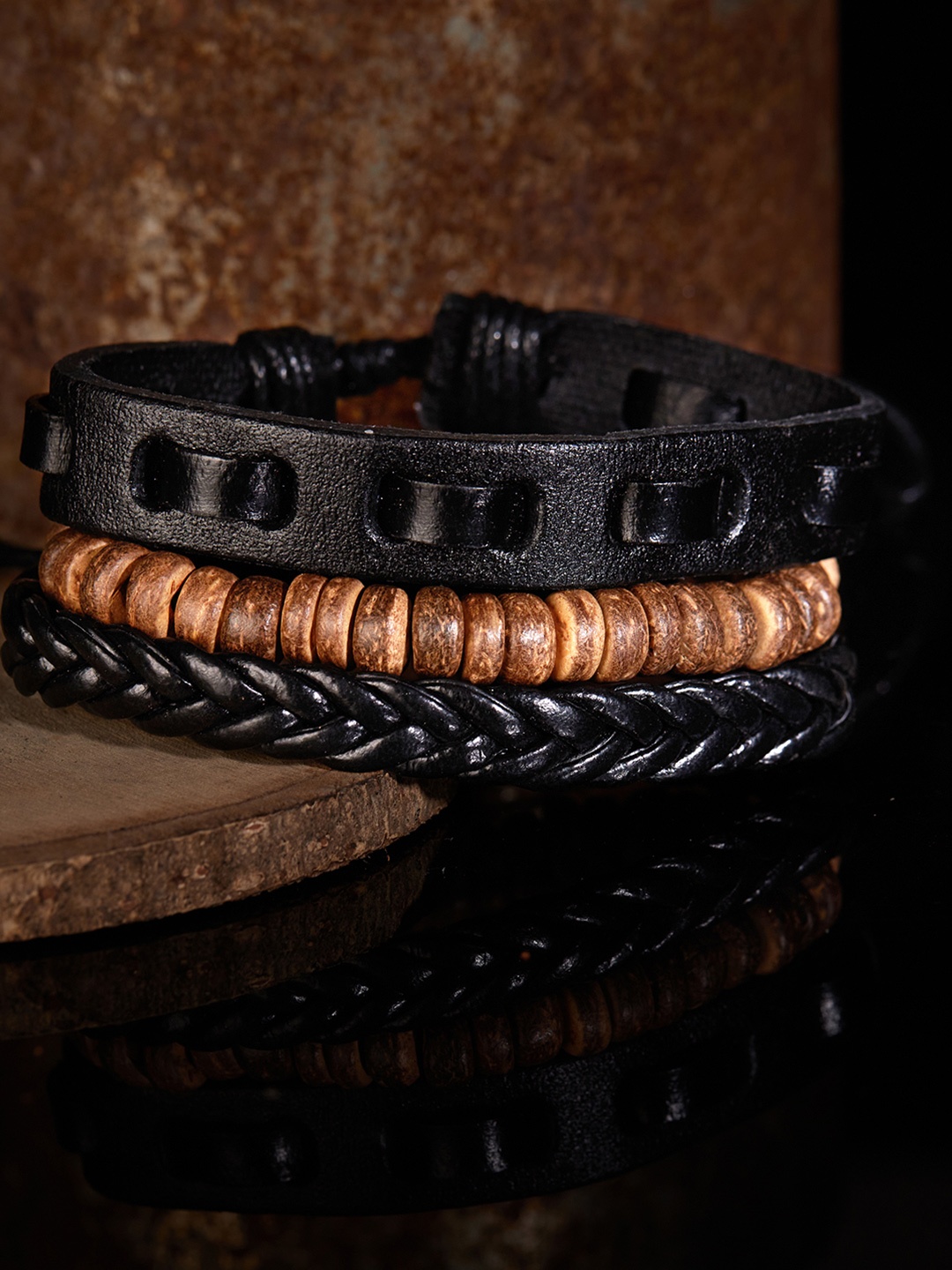 

The Roadster Lifestyle Co Men Pack Of 3 Black & Brown Leather Bracelets