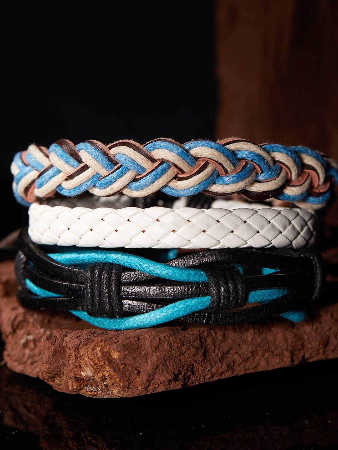 

The Roadster Lifestyle Co Men Set Of 3 Leather Bracelets, Black
