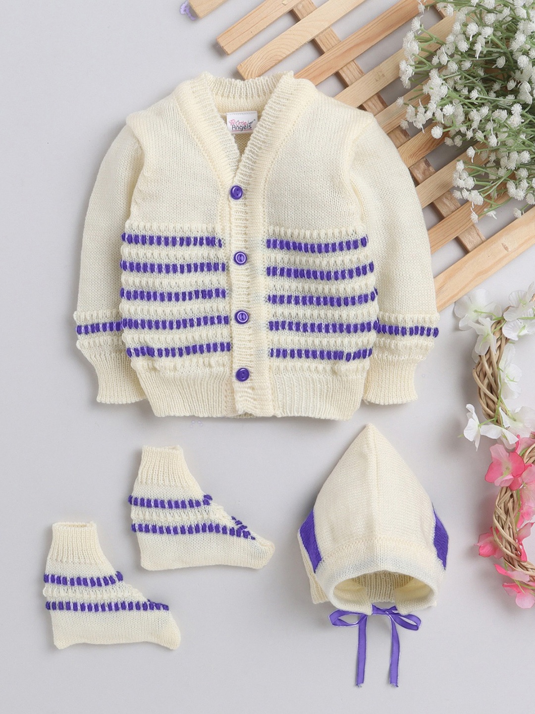 

Little Angels Girls Cream-Coloured & Purple Striped Cardigan