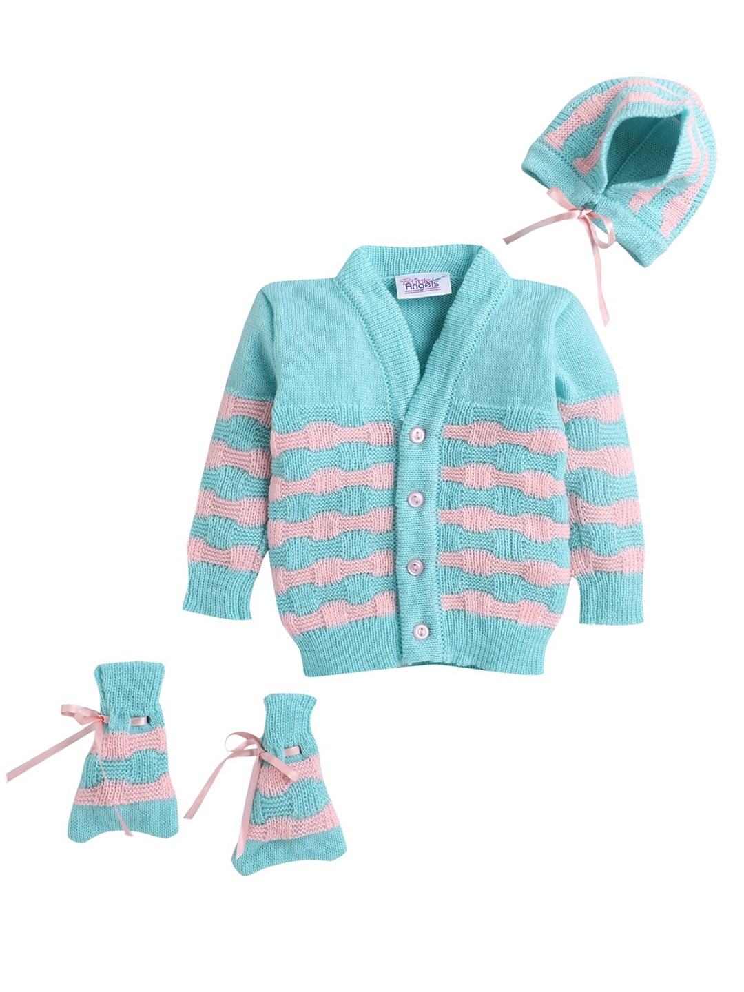 

Little Angels Unisex Kids Sea Green & Pink Striped Acrylic Cardigan Sweater Set
