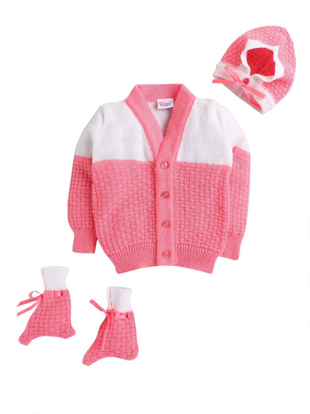 

Little Angels Girls Pink & White Colourblocked Cardigan with Beanie & Booties