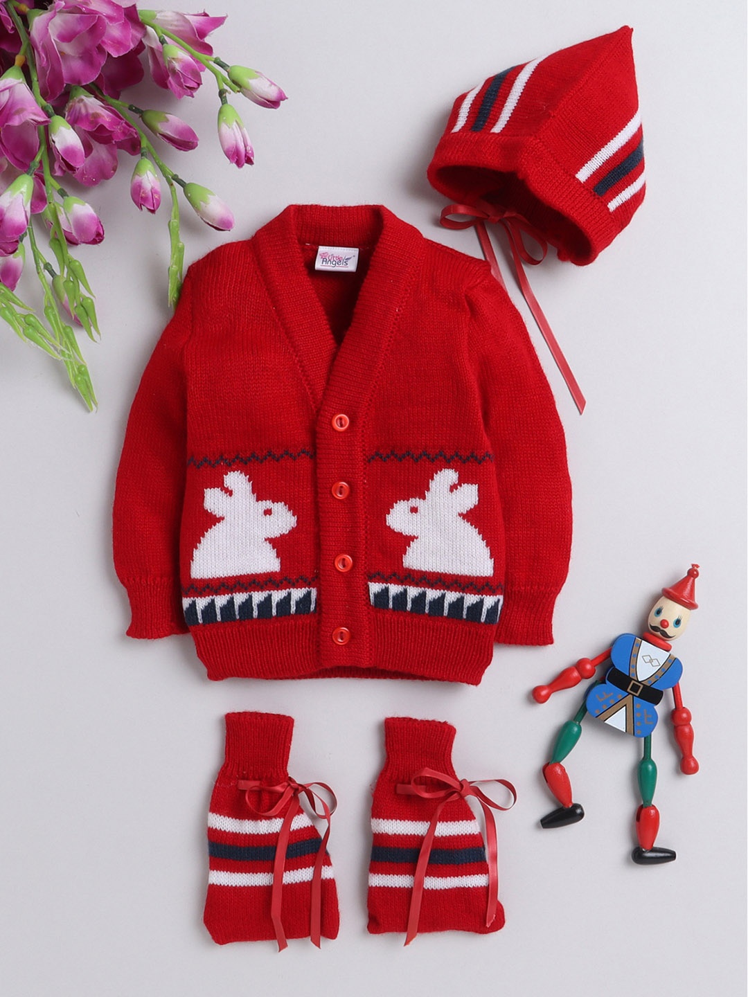 

Little Angels Infants Red & White Self Design Sweater with Beanie & Mittens