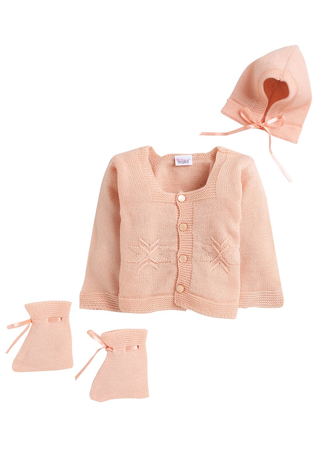 

Little Angels Kids Peach-Coloured Cable Knit Cardigan with Cap & Socks