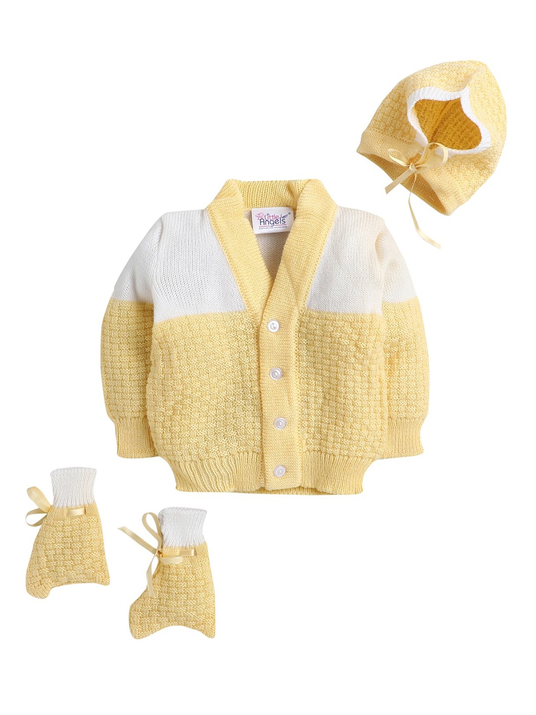 

Little Angels Unisex Kids Yellow & White Cable Knitted Cardigan With Socks & Cap Set