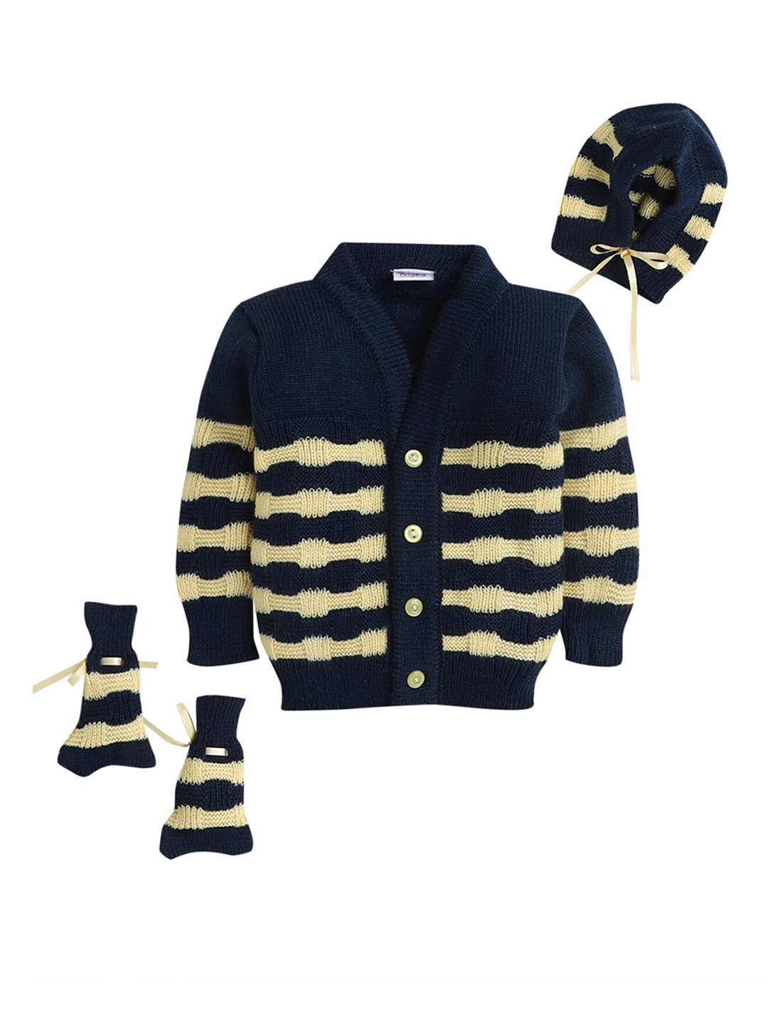

Little Angels Girls Navy Blue & Beige Striped Acrylic Cardigan Sweater Set