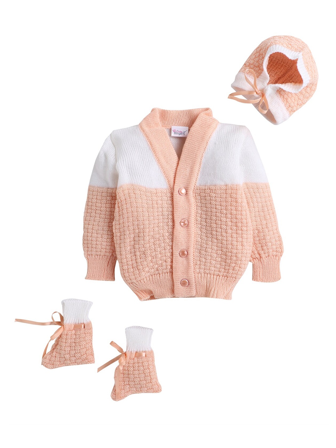 

Little Angels Infants Peach-Coloured & White Self Design Sweater with Beanie & Mittens