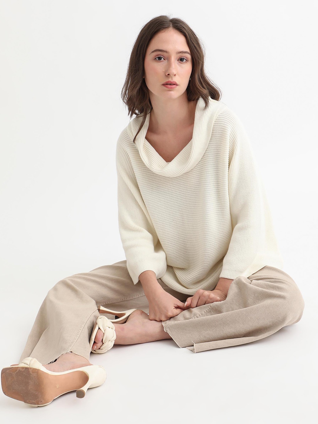 

RAREISM Women Off White Striped Cotton Pullover