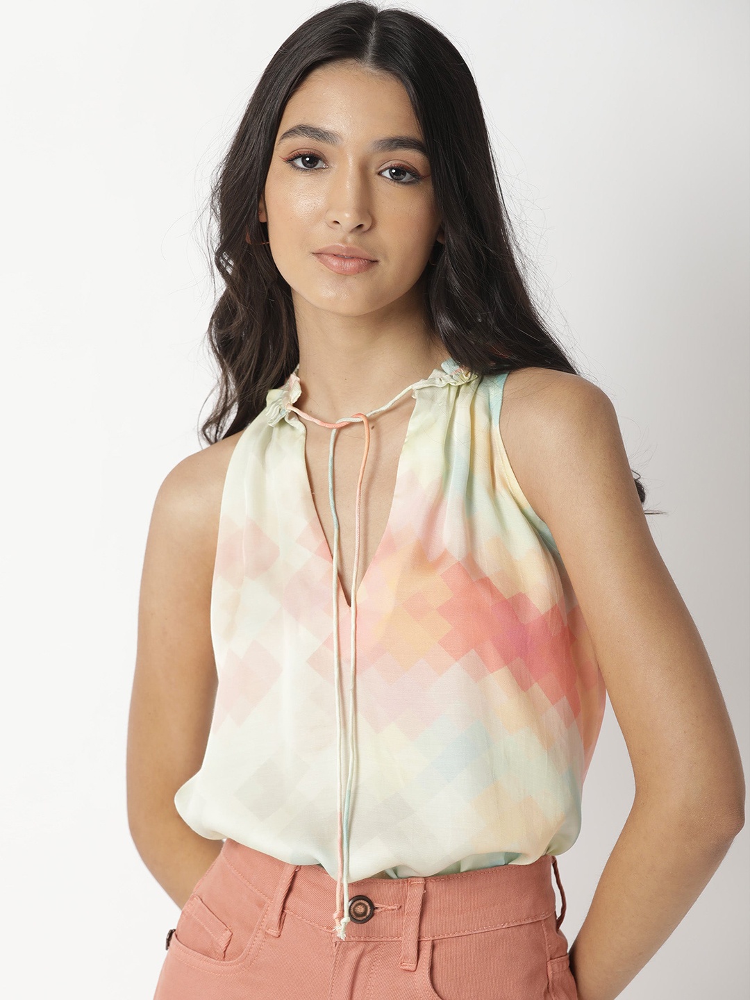 

RAREISM Off White Printed Tie-Up Neck Top