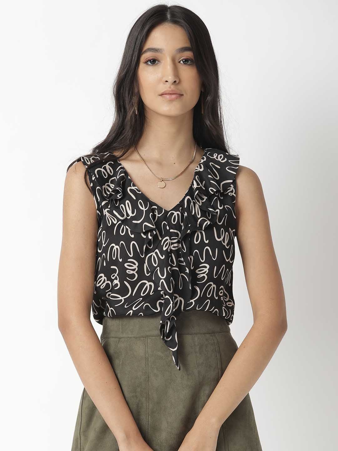 

RAREISM Black Printed Satin Regular Top