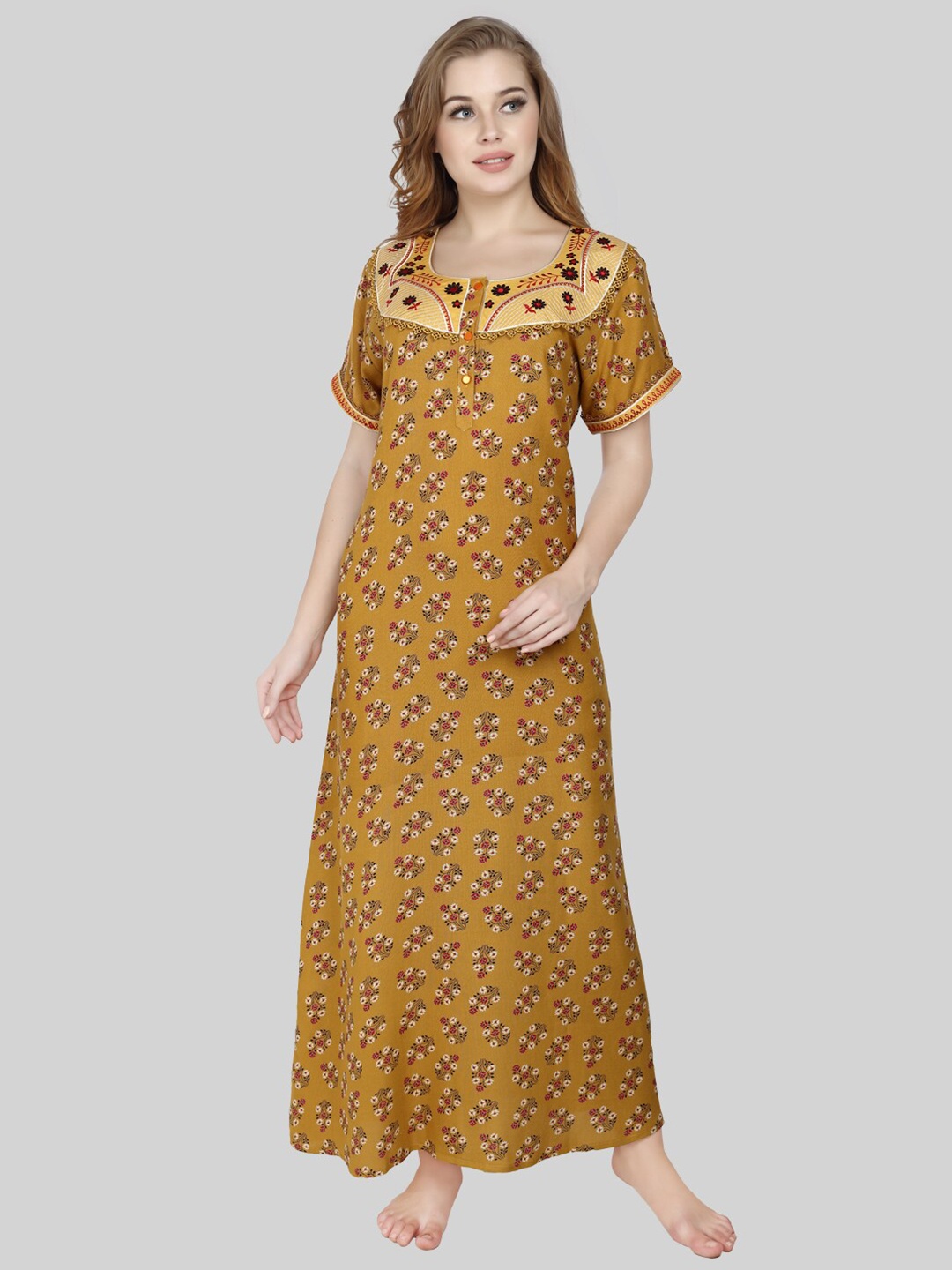 

ROVARS Mustard Printed Maxi Nightdress