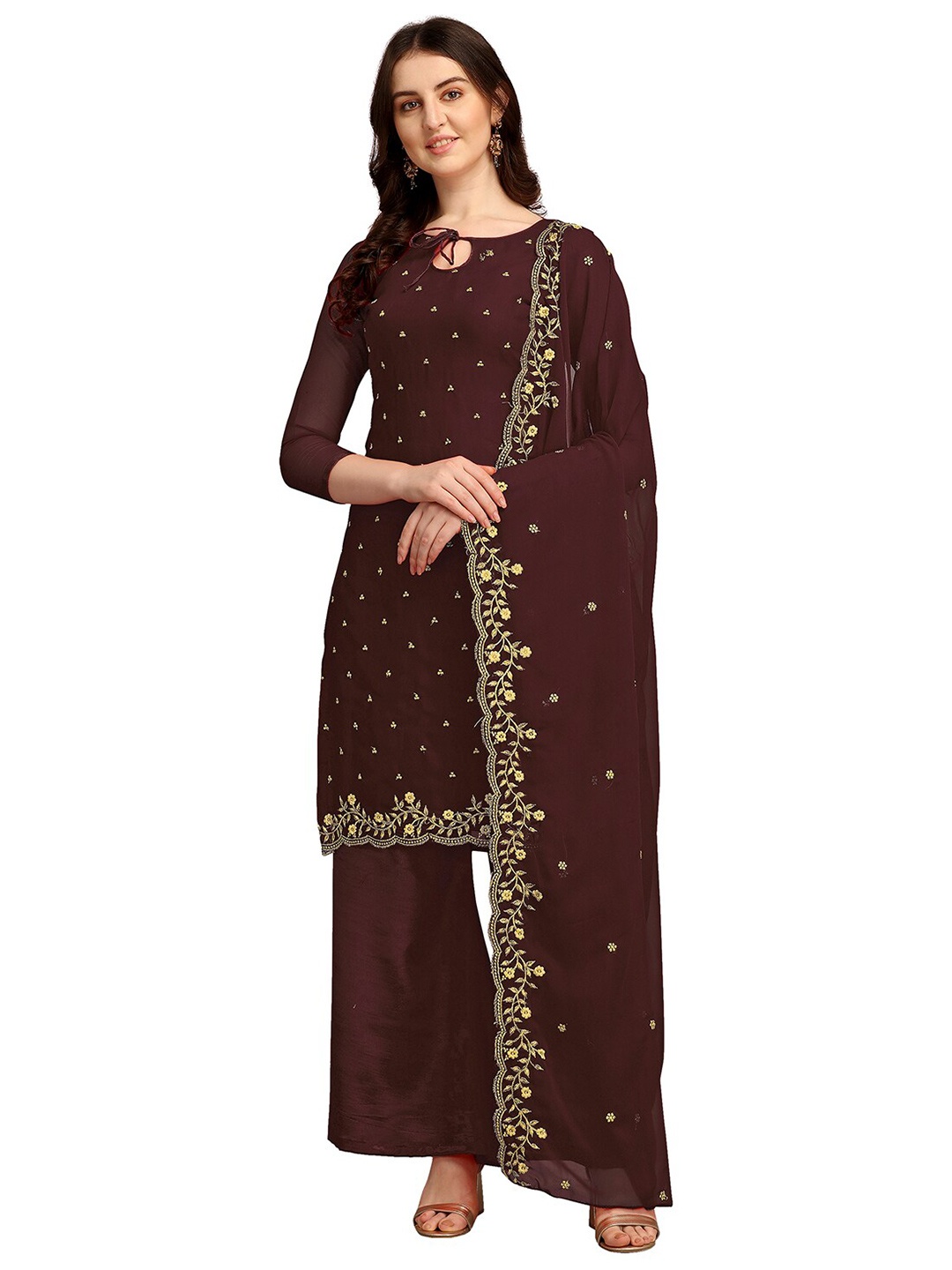 

Ethnic Junction Brown & Gold-Toned Embroidered Unstitched Dress Material