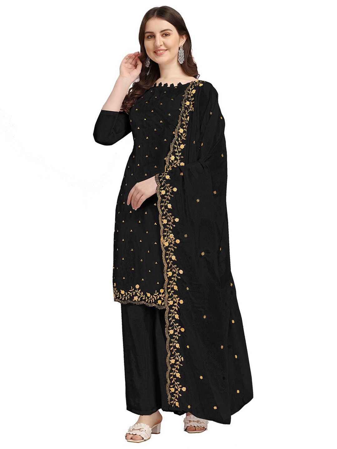 

Ethnic Junction Black & Gold-Toned Embroidered Unstitched Dress Material