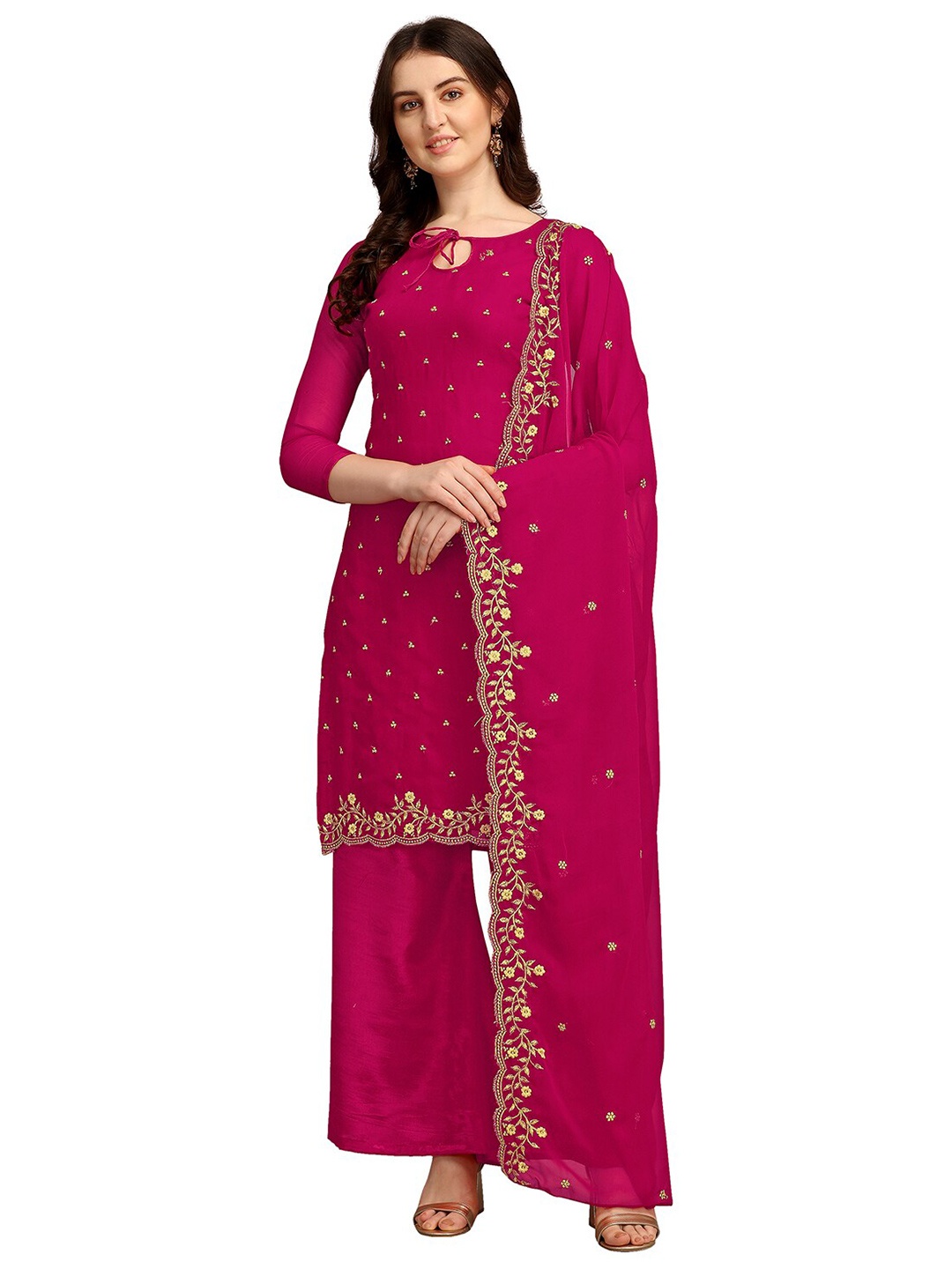 

Ethnic Junction Pink & Gold-Toned Embroidered Unstitched Dress Material